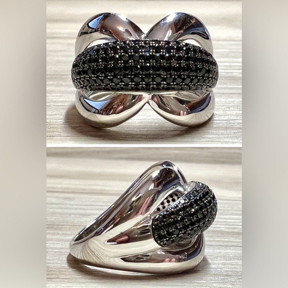 Designer Signed EA Sterling Silver Pave Black Spinel Wide Band Ring, Size 6